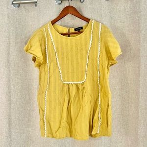 Roolee Courtney Detail Top, mustard babydoll blouse white embroidery detailing